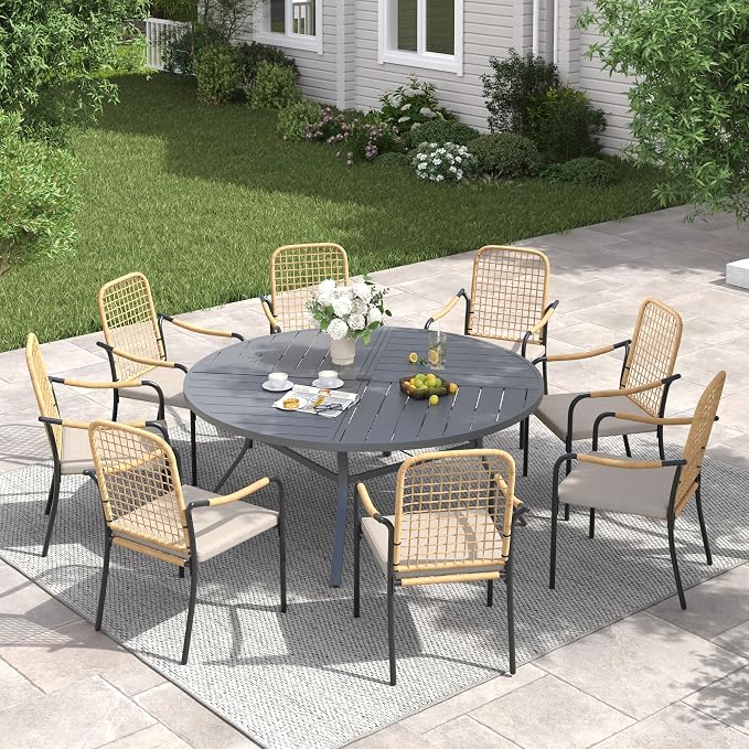 VICLLAX 60" Round Patio Table with Umbrella Hole, All Weather Metal Outdoor Dining Table for 8, Outside Table for Lawn Garden, Grey