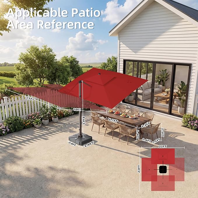 10' X 13' Patio Umbrella with Weighted Base and LED Lights Outdoor Cantilever Large Rectangle Offset Umbrellas Heavy Duty Aluminum Double Top with 360-degree Rotation for Pool Garden Deck, Red