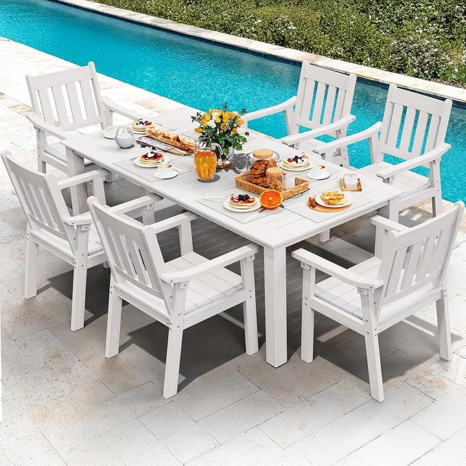 YEFU Outdoor Dining Table for 6: All Weather Rectangular Patio Table with Umbrella Hole and Aluminum Frame - Outdoor Furniture for Outside Backyard/Garden/Pool/Porch/Deck, 300lbs Capacity, White