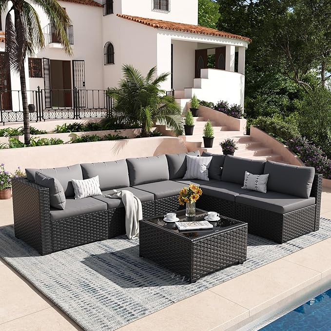Patio Furniture Set, 7-Piece Outdoor Sectional All-Weather Wicker Patio Conversation Set for Backyard, Garden, Grey