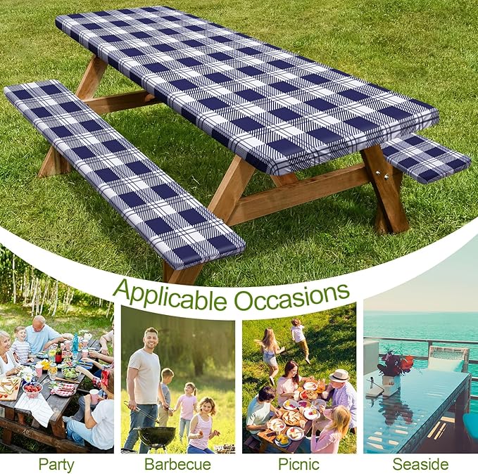 Play Tailor Picnic Table Cover with Bench Covers Camping Essentials Waterproof Windproof Camping Tablecloth with Drawstring Bag, Fitted Rectangle Tables and Seats, 96in, Blue Checkered