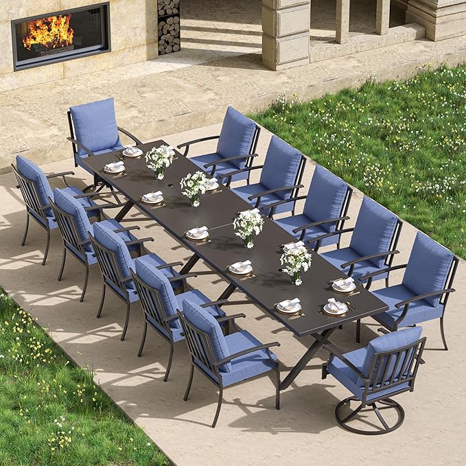 Kullavik 14PCS Outdoor Dining Set,Patio Dining Table and Chairs Set for 12,Fence Pattern Back Chairs with Thickened Cushions & Rectangular Metal Dining Table with Umbrella Hole for Patio,Navy Blue