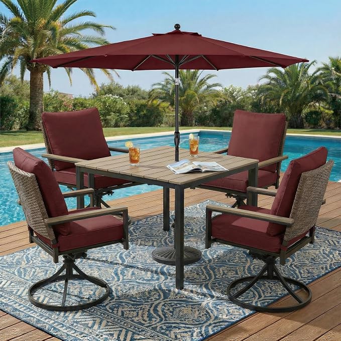 5-Piece Patio Dining Set, 4 Swivel Chairs with Removable Thickened Cushions & Square Table with Umbrella Hole, All-Weather Furniture for Backyard, Garden & Lawn, Red