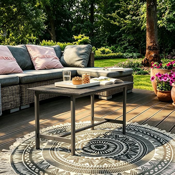 mapleway 33" Outdoor Coffee Table for Patio, Heavy Duty Metal Frame with Wood Slat Top, Weather Resistant Outside Table for Garden Deck Balcony Porch, Easy Assembly, Black