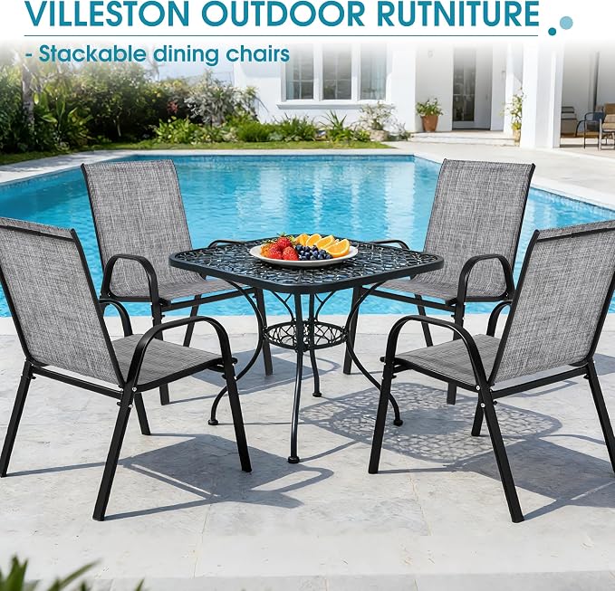 24.4" Wide Outdoor Stackable Chairs Set of 4, Stacking Patio Chairs with Textilene Fabric, Outside Furniture for Garden Backyard Balconie Poolside Deck, Grey