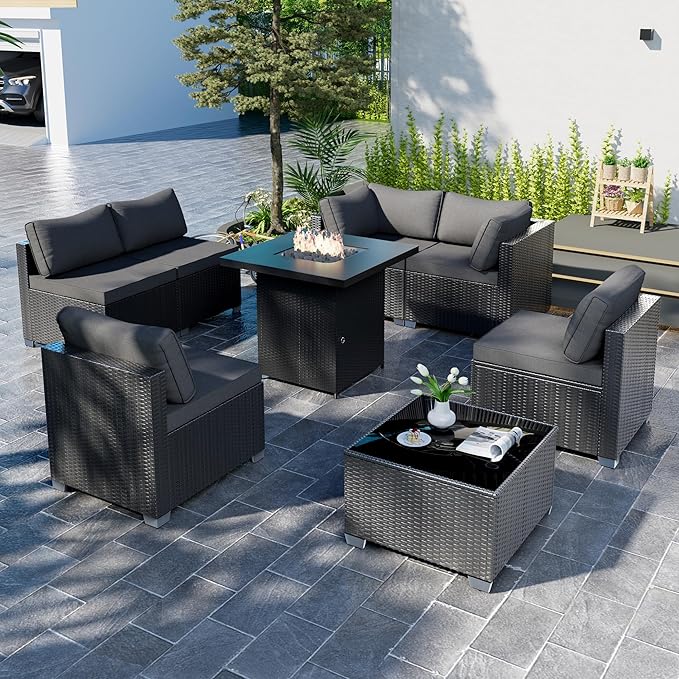 8-Piece Outdoor Patio Sectional Sofa Set with Fire Pit Table – PE Wicker Rattan Modular Conversation Furniture, Cushions & Clips Included – Patio Couch for Porch, Backyard, Poolside, Garden