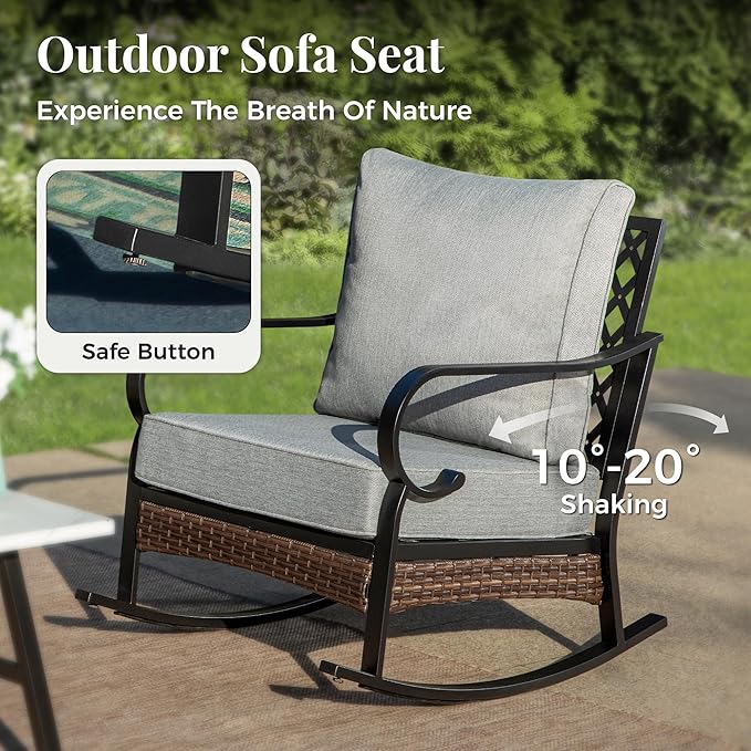 Patio Furniture Set with Fire Pit Table, 4 PCS Metal Outdoor Conversation Set with 5.75'' Extra Thick Cushion, 2 Rocking Chairs, 3-Seat Sofa and Gas Fire Pit Table, Grey