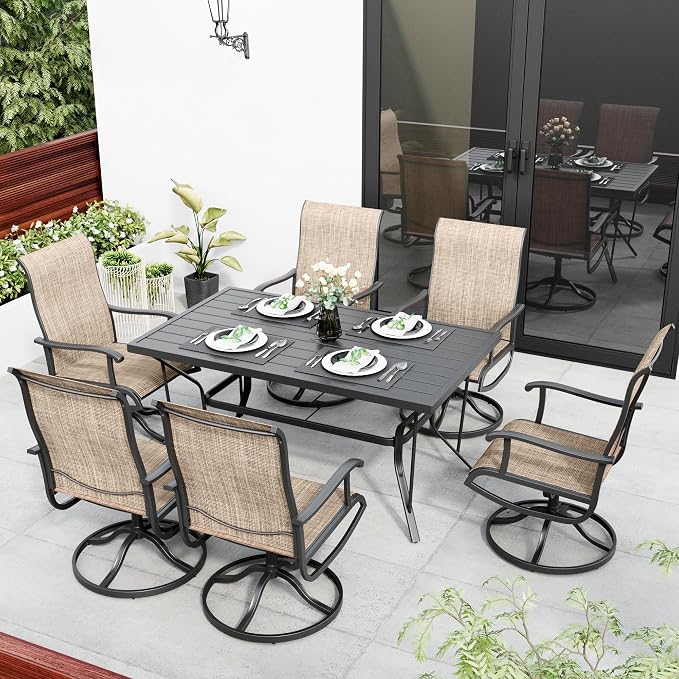 Pamapic 7-Piece Patio Dining Furniture Set with Swivel Chairs, Outdoor Table & 6 Textilene Chairs for Garden, Backyard, Pool, Deck, Beige