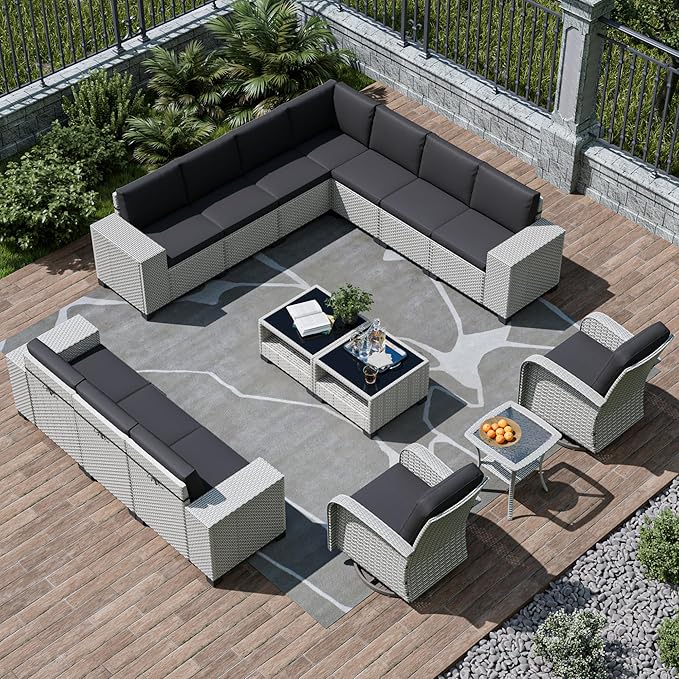15-Piece Outdoor Patio Furniture Set, Modular Sectional Sofa Set with Swivel Rocker Chairs, Wicker Outdoor Couch Conversation Sets w/Coffee Table and Cushions, Black