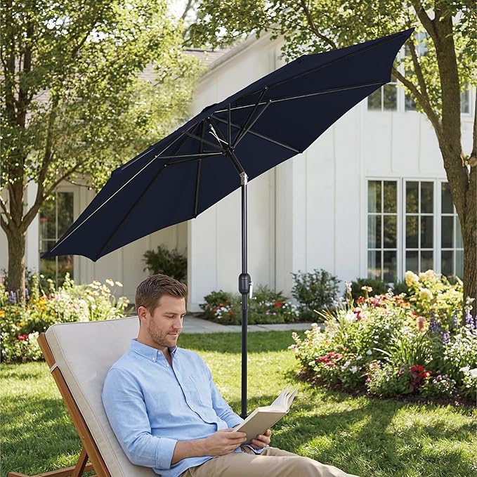 9FT Outdoor Patio Umbrella with Push Button Tilt and Crank, Market Umbrella, 8 Heavy-Duty Ribs, Outdoor Table Umbrella for Garden, Deck, Poolside & Backyard