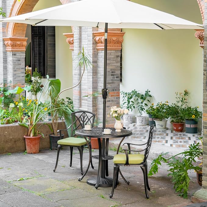 NUU GARDEN 31" Round Patio Bistro Table, Cast Aluminum Round Outdoor Bistro Table with Umbrella Hole for Poolside, Deck, Porch, Backyard, Balcony, Black with Gold-Painted Edge