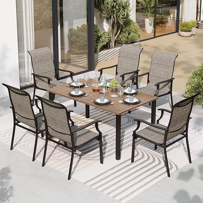 SUNSHINE VALLEY 7 Piece Outdoor Dining Set for 6, Outdoor Table and Chairs Set for 6 with 1 Patio Dining Table(1.61"-2" Hole) and 6 Textilene Patio Chairs, Patio Dining Set for Deck Backyard