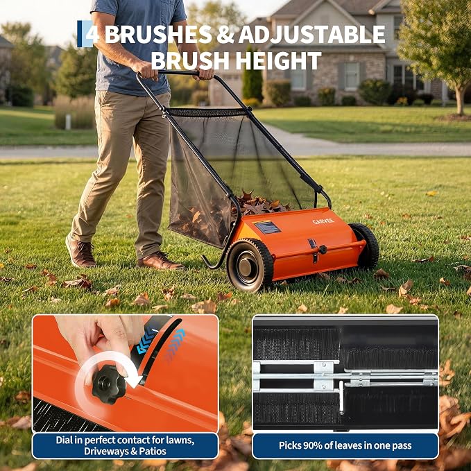 Garvee 26 Inch Push Lawn Sweeper, Walk Behind Leaf Grass Collector with 7 Cu ft Hopper Bag, Carbon Steel Frame, Yard Sweeper with Adjustable Brush Height for Garden Patio Driveway Leaves Cleanup