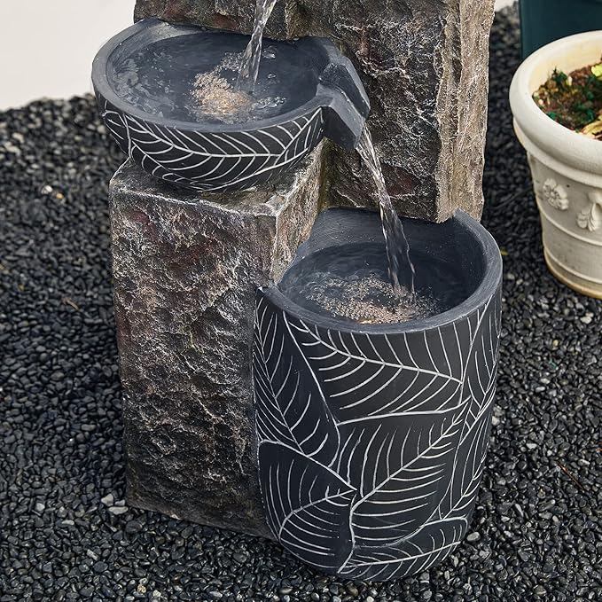 Glitzhome 32.75" H Outdoor Garden Water Fountain with LED Lights and Pump, Natural Leaf Textured 4-Tier Resin Cascading Floor-Standing Fountain for Porch Deck Patio Backyard Decoration