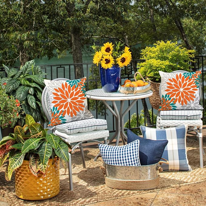 DFXSZ Outdoor Waterproof Pillow Covers 16x16 Set of 2 Orange Grey Flower | Spring Summer Waterproof Flower Throw Pillowcases(No Inserts)Outdoor Decor for Fall Patio Funiture Garden Polyester Covers
