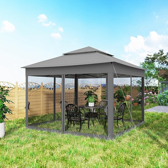 Outsunny 11' x 11' Pop Up Canopy, Outdoor Patio Gazebo Shelter with Removable Zipper Netting, Instant Event Tent w/ 114 Square Feet of Shade and Carry Bag for Backyard, Garden, Dark Gray