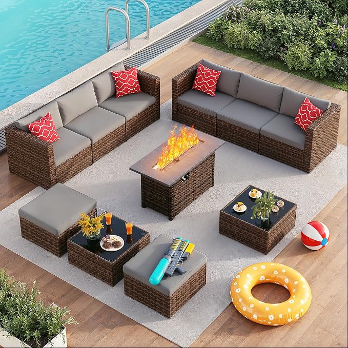 Aiho 6 Piece Outdoor Patio Furniture Set with 45'' Fire Pit Table, Wicker Outdoor Conversation Set Sectional Sofa with Coffee Table for Backyard, Poolside, Garden, Grey