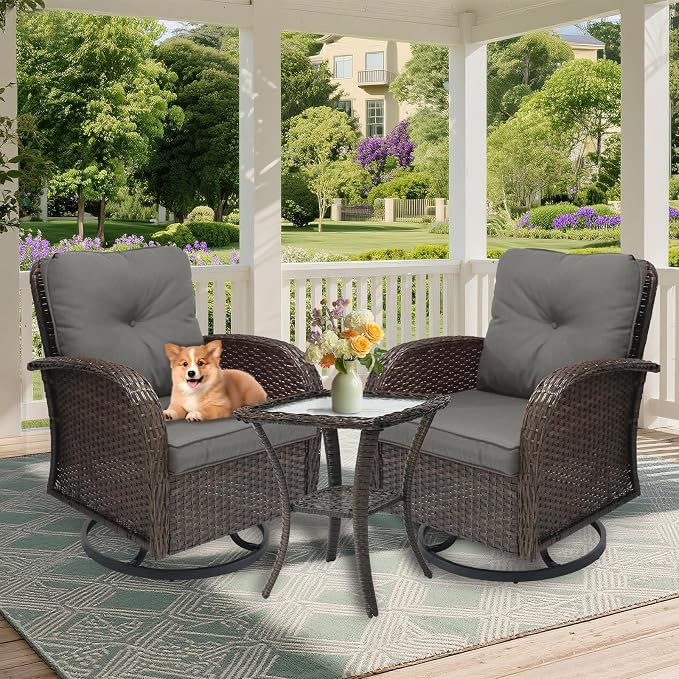 Outdoor Swivel Rocker Patio Chairs 3 Pieces,Swivel Patio Chairs with Cushions,Outdoor Swivel Rocking Chairs Set of 2 with Rattan Side Table,Patio Furniture Set for Outside Porch Deck