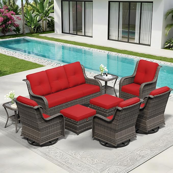 9 Piece Outdoor Wicker Patio Furniture Set, Outdoor Swivel Rocker Patio Chairs Set with Thickened Olefin Cushions, High Back and Deep Seating, Hand-Woven PE Rattan for Porch, Deck