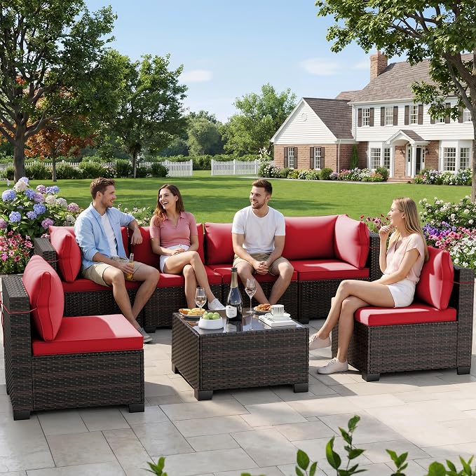 LAFWLL 7 Pieces Outdoor Patio Furniture Sets,Rattan Conversation Sectional Set,Manual Weaving Wicker Patio Sofa with Tea Table