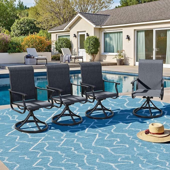 Crownland Outdoor Swivel Dining Chair Set of 4, All Weather 360° Swivel Rocking High Back Model Patio Dining Chairs, Textilene Fabric Wrought Iron Dining Chair Set for Backyard, Lawn, Garden(Black)