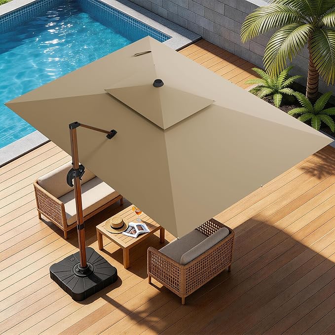 10x13FT Cantilever Outdoor Patio Umbrellas, Double Top Wood Pattern Rectangle Umbrella, Heavy Duty 360°Rotation Offset Umbrella for Garden Deck Pool Patio, Brown