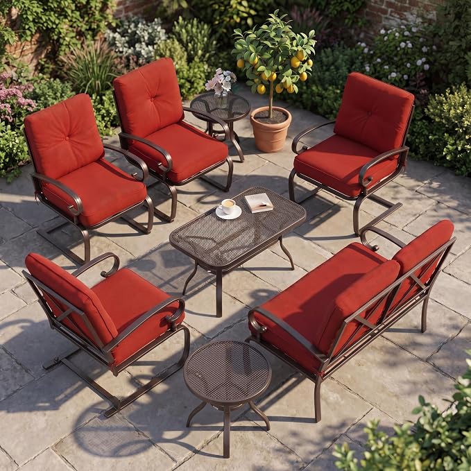 8 Pcs (6 Seats) Metal Outdoor Patio Furniture Conversation Sets, 4 Spring Chair, Loveseat and 3 Coffee Table, with Cushions (Red)