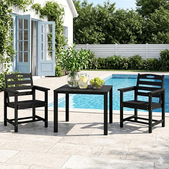 Domi HDPE Outdoor Dining Set, All-Weather Outdoor Dining Table Set of 3 with 2" Umbrella Hole, Outdoor Patio Dining Set for Garden, Poolside, Backyard, Deck, Black