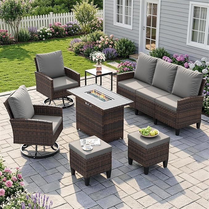 Amopatio Patio Furniture Set with Fire Pit Table,7 Pieces Conversation Sofa with 360° Swivel Chairs, All Weather Wicker Outdoor Furniture for Backyard Garden Pool Deck,Grey