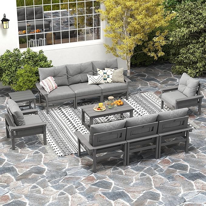Grey HDPE Outdoor Patio Furniture Set, 6-Piece Patio Conversation Sets with Coffee Table & Side Table & Washable Thick Cushions, Outdoor Sofa for Balcony, Porch, Poolside