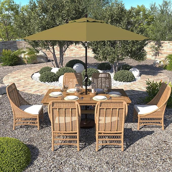 California Umbrella 9' Round Aluminum Market Umbrella, Crank Lift, Push Button Tilt, Bronze Pole