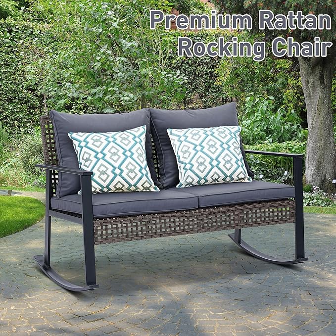 Ainfox Outdoor Wicker Loveseat Rocking Chair, Patio Rattan Rocker Chair with Cushions,All-Weather Modern Cozy Rocking Wicker Furniture for Garden Backyard Porch, Grey
