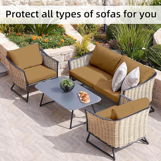 BIETYONE 8Pcs Stretch Patio Cushion Covers,Outdoor Couch Covers Replacement,Outdoor Couch & Sofa Slipcovers,for Patio Furniture Cushion Covers,Washable Reusable urniture Protector (Camel, Cover Only)