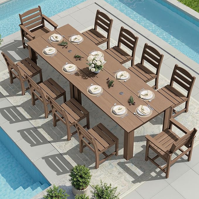 SERWALL Outdoor Dining Sets for 4, HDPE Dining Sets for 4 Person with 1 Umbrella Hole Cut-Out Rectangular Table and 4 Armless Chairs, Patio Dining Sets for Garden, Backyard, Poolside, Brown