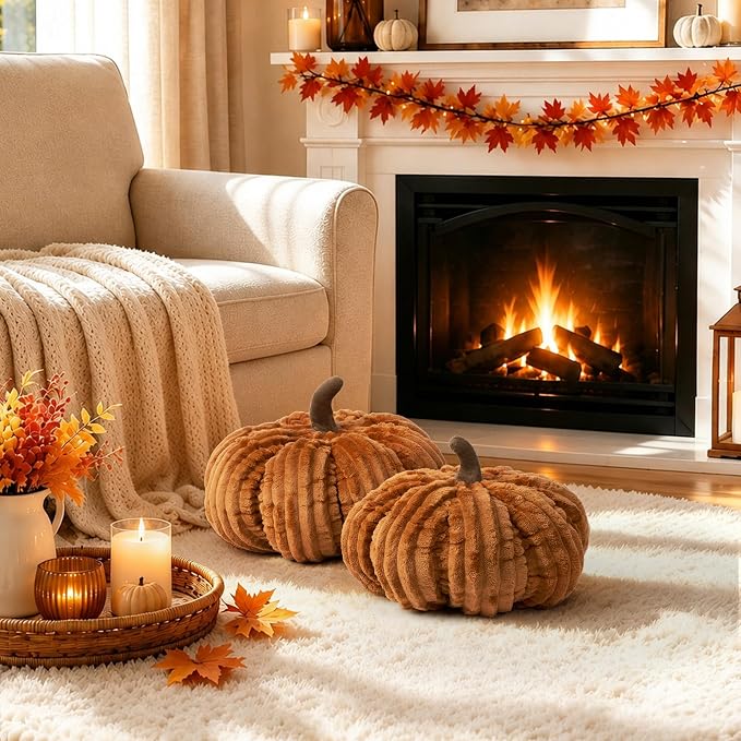 AELS Pumpkin Throw Pillows Set of 2, 14" & 10" Cinnamon Fall Pillows | for Couch Sofa Bed Living Room Home Decor, Farmhouse 3D Fall Halloween Thanksgiving Decorative Accent Pillows