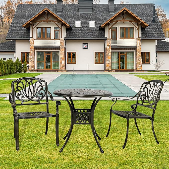 VIVIJASON 3-Piece Patio Furniture Dining Set, All-Weather Cast Aluminum Outdoor Bistro Set, Include 2 Chairs and 31" Round Table w/Umbrella Hole for Balcony, Lawn, Garden, Backyard