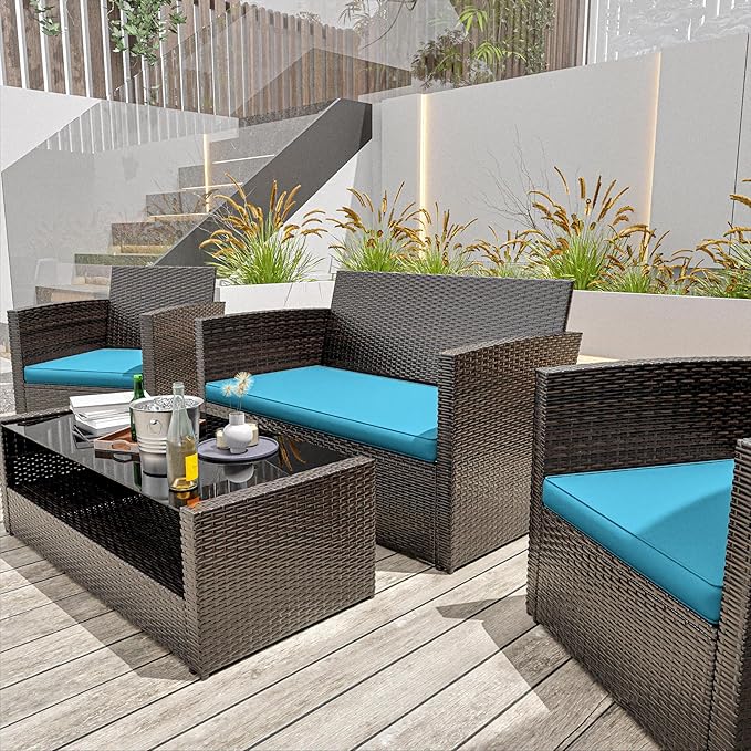 3 Pack Outdoor Patio Seat Cushions Replacement Covers Fit for 4 Pieces 4-Seater Wicker Rattan Patio Conversation Set Loveseat Chair Couch Furniture,36x18x2,18x18x2,Lake Blue-Cover Only