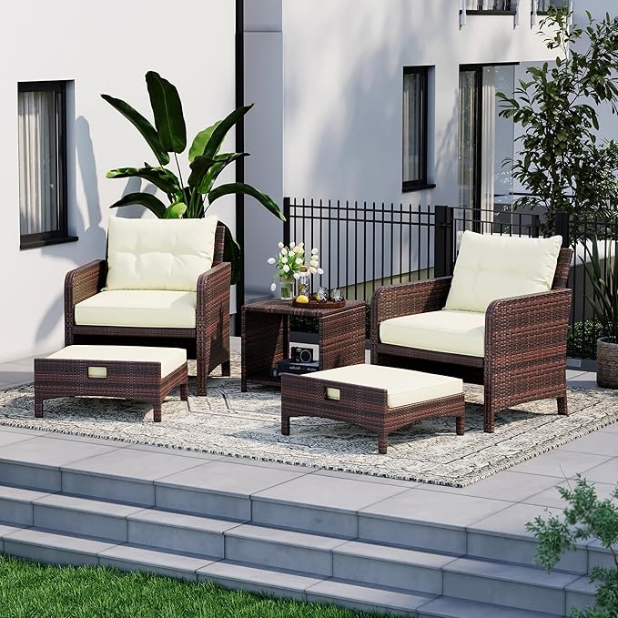 5 Piece Patio Furniture Set, All-Weather Patio Furniture with Soft Cushions, PE Wicker Patio Sofa Set with Coffee Table and Ottoman, for Outdoor, Porch, and Balcony (Beige-Brown)