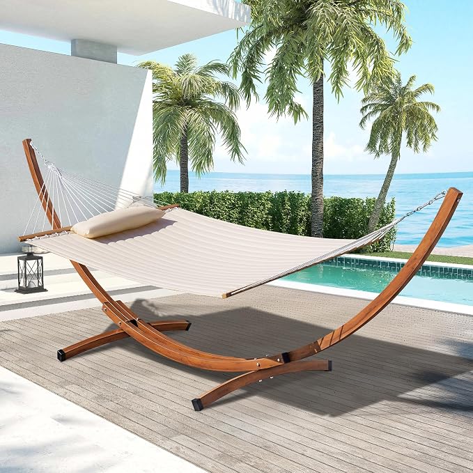 Lazy Daze Hammocks Quilted Hammock with 13.5 FT Metal Curved Stand, 2 Person Heavy Duty Hammock with Pillow for Outside, Patio, Poolside, 450 Lbs Capacity, Cream