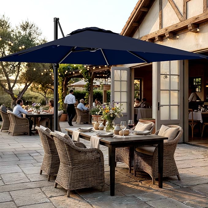 AreShark 10 X 10 FT Cantilever Patio Umbrella, 360-Degree Rotation Square Hanging Offset Umbrella with Crank, Heavy Duty Patio Umbrella for Patio, Pool, Garden, Deck, Navy