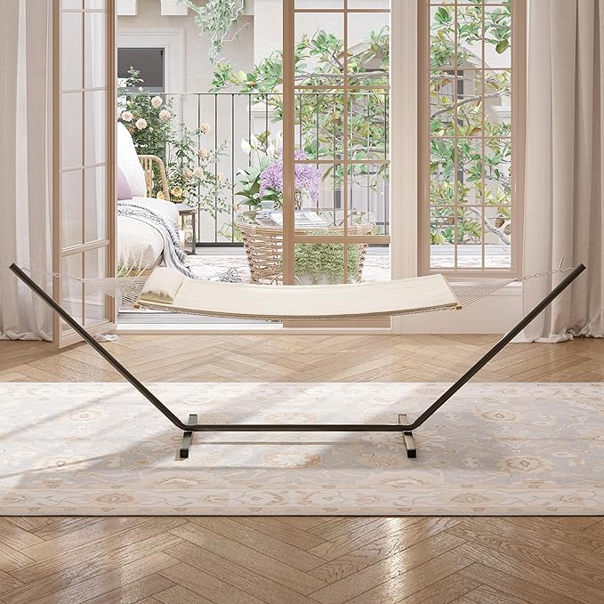 CABIHOME Heavy Duty 350 Lb Capacity Portable Rope Hammock for Indoor & Outdoor Use, Double Hammock with Stand for 2, Includes Padded Mat and Pillow, Tool-Free Easy Assembly, White