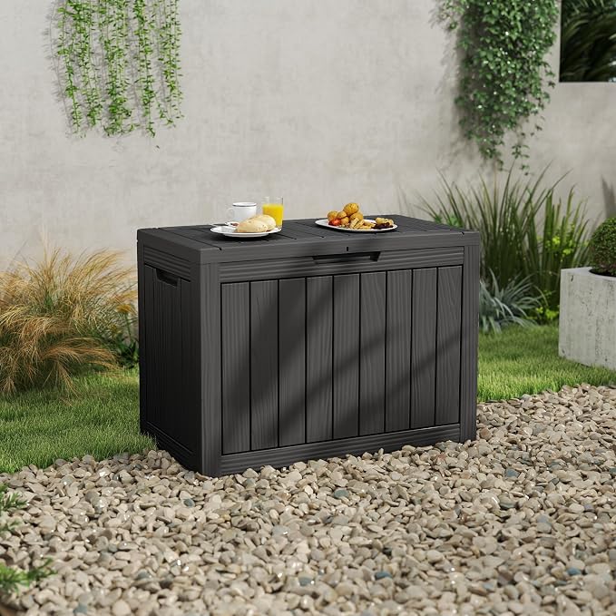 55 Gallon Outdoor Deck Storage Box, Weatherproof Wood Grain Lockable Storage Bin for Patio, Backyard & Poolside Indoor Outdoor Storage (Black,55GAL)