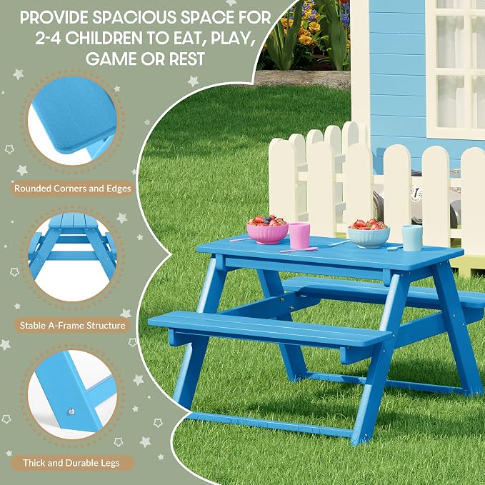WestinTrends Malibu Outdoor Patio and Indoor Kids HDPE Plastic Picnic Bench Table, Pacific Blue
