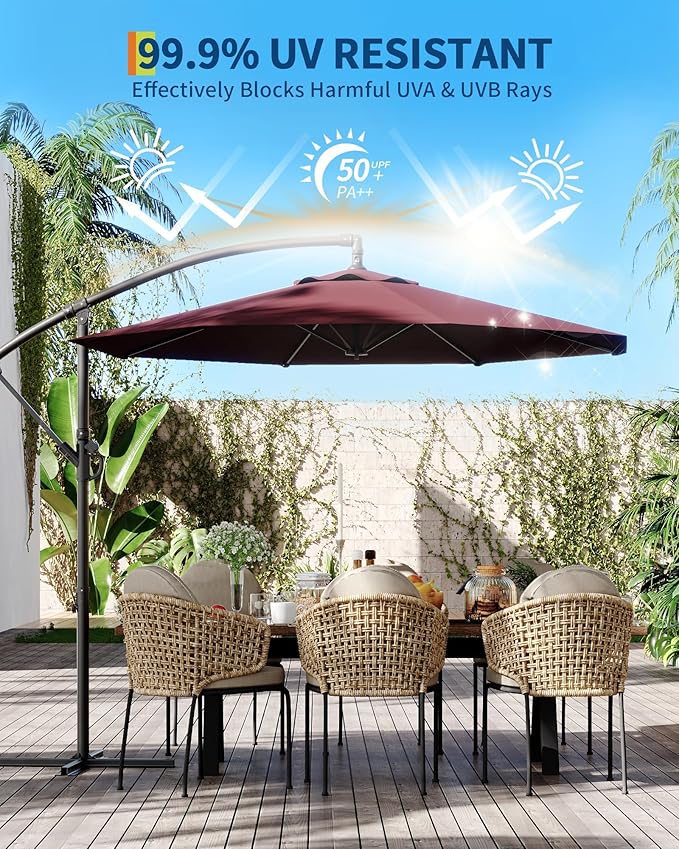 IDEALHOUSE 10FT Offset Cantilever Patio Umbrella with Cross Base, Large Outdoor Umbrella with Infinite Tilt & Crank Lift, UPF 50+ Fade-Resistant Fabric, Vented Canopy for Garden, Deck, Backyard