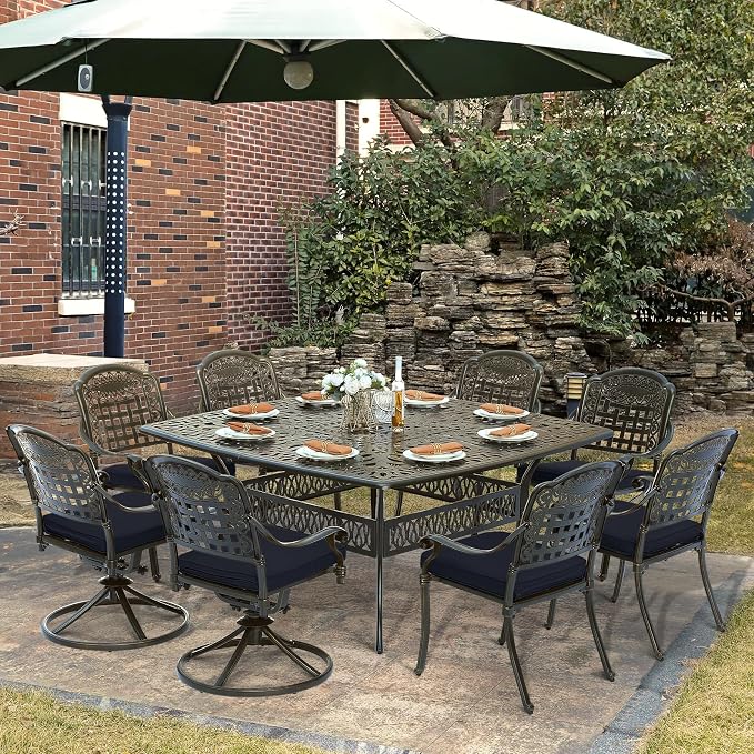SOCIALCOMF 9-Piece Patio Cast Aluminum Dining Set, Outdoor Table and Chairs Set for 8, Includes 64" Large Square Dining Table, 6 Stationary, 2 Swivel Dining Chairs with Umbrella Hole, Navy Blue