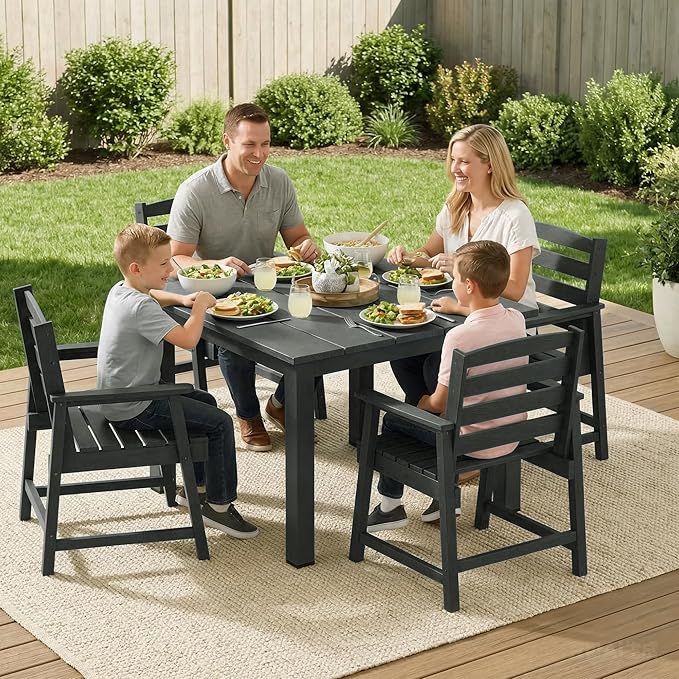 LOUNZY 5-Piece HDPE Patio Dining Set - Outdoor Square Table with 2" Hole Cut-Out & 4 Chairs,Black