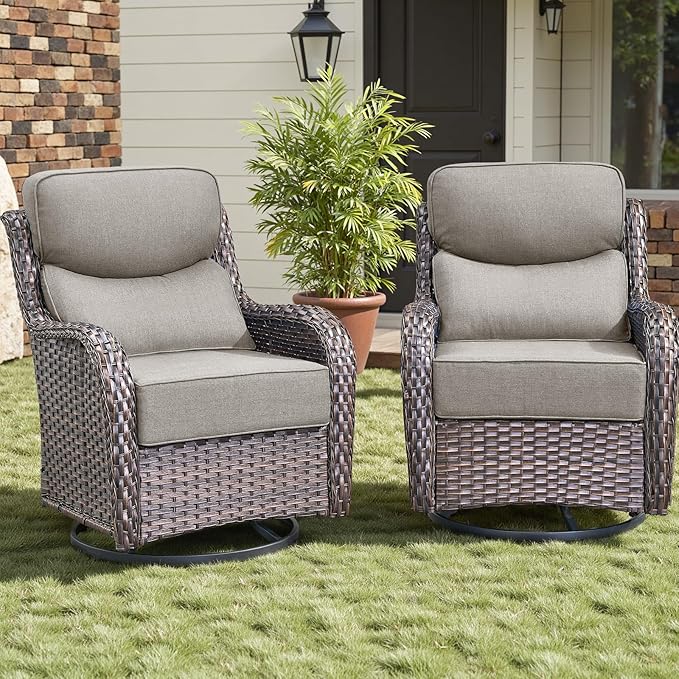 Rilyson Outdoor Swivel Rocker Chairs - All Weather Resistant Wicker Patio Furniture Set of 2 with High Back and 6 inch Thick Cushions for Deck Porch Yard and Poolside, Brown/Beige