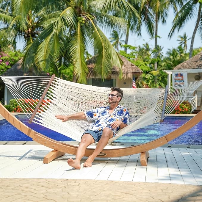 Lazy Daze Hammocks 2 Person Caribbean Rope Hammock with Wood Stand, 10.5FT Polyester Hammock with Spreader Bars, 13FT Heavy Duty Stand Combo, 450 LBS Capacity for Outdoor Backyard Poolside, Cream
