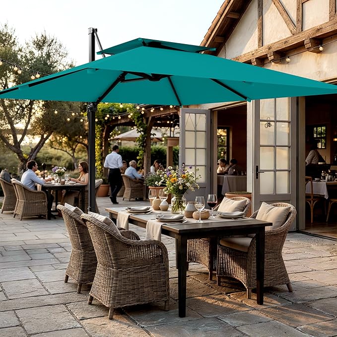 AreShark 9×9FT Double-Top Cantilever Patio Umbrella, Square Offset Umbrella with 360 Degree Rotation, Heavy Duty Patio Umbrella for Garden Deck Pool, 5 Tilt Angles, Turquoise Blue