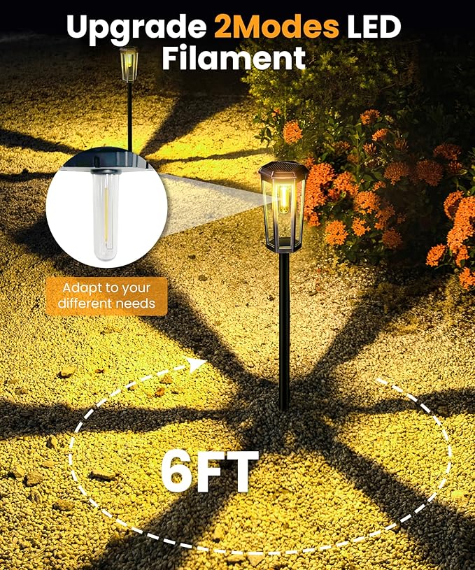 Solar Pathway Lights Outdoor, 6 Pack Garden Lights Solar Powered Waterproof IP65, 2 Modes Auto On/Off Pathway Lights Solar Powered Outdoor Landscape Lighting Yard Lights Walkway, Outside